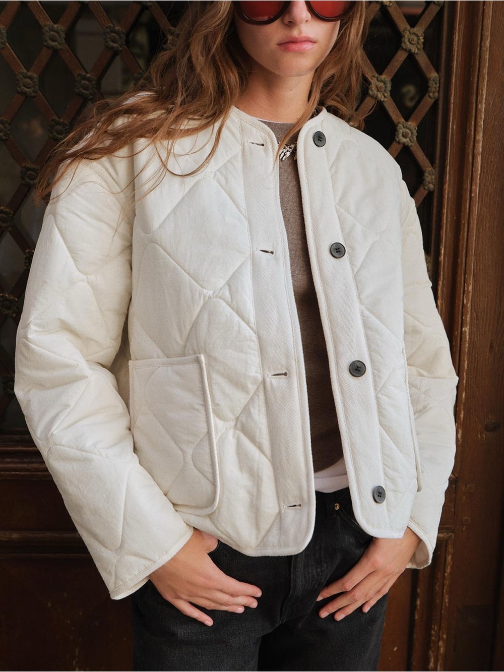 Zara Quilted Button-Front Jacket in Off-White